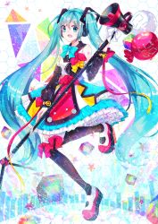 Rule 34 | 1girl, aqua bow, aqua bowtie, aqua eyes, aqua hair, balloon, black thighhighs, bow, bowtie, cube, detached sleeves, hair ornament, hatsune miku, highres, holding, holding staff, long hair, long sleeves, looking at viewer, magical mirai (vocaloid), magical mirai miku, magical mirai miku (2018), megaphone, neckwear request, nicolestar, open mouth, red bow, skirt, smile, solo, staff, standing, standing on one leg, thighhighs, twintails, very long hair, vocaloid, yellow bow