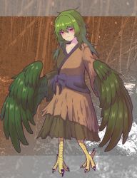 Rule 34 | 1girl, absurdres, bird legs, feathered wings, feathers, green feathers, green hair, green wings, hair between eyes, harpy, highres, looking at viewer, messy hair, monster girl, original, red eyes, sash, shaded face, solo, talons, togenomaru, winged arms, wings