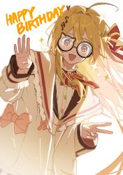 Rule 34 | 1girl, :d, ahoge, blonde hair, blush, cat-shaped eyewear, commentary request, eyewear on head, fortissimo, frills, hair ornament, hair ribbon, happy birthday, hololive, hololive dev is, jacket, long hair, musical note, musical note hair ornament, neck ribbon, open mouth, orange eyes, otonose kanade, planetzer 0, red ribbon, ribbon, shirt, smile, solo, star (symbol), upper body, v, virtual youtuber, white shirt