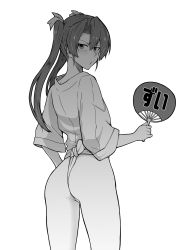 Rule 34 | 1girl, :3, absurdres, ass, blush, commentary request, cowboy shot, from behind, fundoshi, greyscale, hand fan, highres, japanese clothes, kantai collection, long hair, looking back, mizu happi, monochrome, o3o, paper fan, puckered lips, simple background, solo, standing, takaman (gaffe), translation request, twintails, white background, zuikaku (kancolle)
