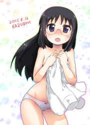 Rule 34 | 1girl, 2015, :o, black eyes, black hair, blush, breasts, covering privates, covering breasts, dress shirt, glasses, gradient background, highres, kazuboh, minakami mai, nichijou, panties, panties only, shirt, unworn shirt, small breasts, solo, standing, sweatdrop, topless, underwear, underwear only