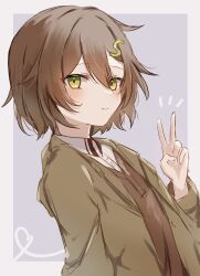 Rule 34 | 1girl, blush, brown hair, brown jacket, copyright request, green eyes, highres, jacket, letter hair ornament, long sleeves, open clothes, open jacket, short hair, smile, solo, v, yomogi mogu