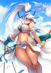 Rule 34 | 1girl, armband, arrow (projectile), asymmetrical underboob, bikini, blue eyes, blue sky, blunt bangs, bow, bow (weapon), breasts, c.r., cameltoe, cloud, commentary request, dark-skinned female, dark skin, dated, day, duplicate, english text, fundoshi, gloves, hair ribbon, happy birthday, high ponytail, highres, holding, holding arrow, holding bow (weapon), holding weapon, japanese clothes, large breasts, long hair, looking at viewer, majikina mina, navel, outdoors, pixel-perfect duplicate, ponytail, quiver, ribbon, samurai spirits, sarong, shiny skin, side-tie skirt, sidelocks, signature, single glove, sky, solo, stomach, swimsuit, tan, toned, very long hair, weapon, white bikini, white hair, white sarong, wide hips