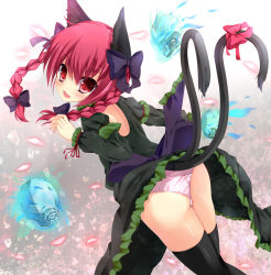 Rule 34 | 1girl, animal ears, ass, black thighhighs, blush, bow, braid, cat ears, cat girl, cat tail, clothes lift, dress, dress lift, female focus, flaming skull, from behind, fujieda uzuki, green dress, hair bow, hair ribbon, kaenbyou rin, looking back, multiple tails, nekomata, open mouth, panties, pantyshot, petals, pink panties, red eyes, red hair, ribbon, skull, slit pupils, smile, solo, tail, tail ornament, tail ribbon, thighhighs, touhou, twin braids, twintails, underwear, upskirt, white panties
