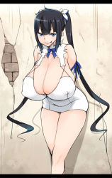 Rule 34 | 10s, 1girl, :3, :p, alternate breast size, arms behind back, bare shoulders, black hair, blue eyes, breasts, cleavage, dungeon ni deai wo motomeru no wa machigatteiru darou ka, gigantic breasts, hestia (danmachi), highres, libre, lips, long hair, naughty face, rei no himo, solo, thighs, tongue, tongue out, twintails