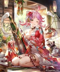Rule 34 | 1girl, 77gl, ahoge, architecture, breasts, brown eyes, cleavage, collar, copyright request, dog, east asian architecture, full body, large breasts, looking at viewer, new year, no bra, one eye closed, pink hair, pointy ears, shingeki no bahamut, sitting, smile, solo, tabi, tongue, tongue out