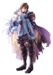 Rule 34 | 1boy, 1girl, absurdres, armored boots, arms around neck, black cape, black footwear, black hair, blue eyes, blue footwear, blue gloves, blue vest, boots, braid, cape, carrying, carrying person, clive rosfield, closed mouth, couple, dress, eye contact, face-to-face, final fantasy, final fantasy xvi, gloves, grey hair, hair over shoulder, hetero, highres, ichoicho740, jill warrick, leather vest, long braid, long hair, looking at another, open mouth, princess carry, puffy sleeves, scar, shirt, short hair, side braid, simple background, single braid, skirt, smile, standing, sword, tied drawstring, vest, weapon, white background, white dress