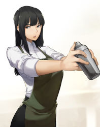 Rule 34 | 1girl, absurdres, apron, barista, black hair, coffee, collared shirt, commentary, dress shirt, english commentary, green apron, grey eyes, highres, long hair, looking to the side, lynus, naoko-san, open mouth, original, shaking, shirt, sleeves rolled up, solo, white shirt