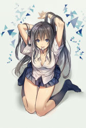Rule 34 | 1girl, adjusting hair, arms up, bad id, bad pixiv id, black hair, blue eyes, breasts, cleavage, long hair, looking at viewer, madogawa, mouth hold, original, school uniform, scrunchie, smile, solo, tying hair