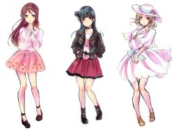 Rule 34 | 3girls, arm behind back, bad id, bad pixiv id, black footwear, black hair, black jacket, blonde hair, blue bow, blunt bangs, bow, cardigan, closed mouth, collar, collarbone, dress, floating hair, guilty kiss (love live!), hands in pocket, hat, jacket, long hair, long sleeves, looking at viewer, love live!, love live! school idol festival, love live! sunshine!!, miniskirt, multiple girls, ohara mari, open clothes, open jacket, parted bangs, pink skirt, pleated skirt, red eyes, red skirt, sakurauchi riko, short sleeves, simple background, skirt, sleeves past wrists, smile, standing, sun hat, sundress, thigh gap, tsushima yoshiko, uro (m369), very long hair, white background, white cardigan, white dress, white headwear, yellow eyes