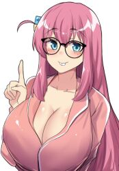 Rule 34 | 1girl, absurdres, aqua eyes, bespectacled, bocchi the rock!, breasts, buck teeth, cleavage, collarbone, commentary, cube hair ornament, english commentary, freckles, glasses, gotoh hitori, hair between eyes, hair ornament, highres, hinghoi, index finger raised, large breasts, long hair, long sleeves, looking at viewer, nerd emoji, one side up, pajamas, pink hair, pink pajamas, sidelocks, simple background, smile, solo, teeth, white background