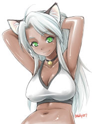 Rule 34 | 1girl, ahoge, animal ears, armpits, arms behind head, arms up, bare arms, bare shoulders, bell, black choker, breasts, cat ears, choker, cleavage, closed mouth, copyright request, crop top, dark-skinned female, dark skin, ebifly, fang, fang out, green eyes, hands in hair, jingle bell, large breasts, long hair, looking at viewer, navel, neck bell, silver hair, simple background, slit pupils, smile, solo, twitter username, upper body, white background