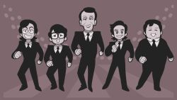 Rule 34 | 5boys, black hair, black suit, collared shirt, formal, gashi-gashi, greyscale, highres, long sleeves, looking at viewer, monochrome, multiple boys, necktie, no nose, original, parted lips, shirt, short hair, smile, standing, suit, white shirt, wide shot