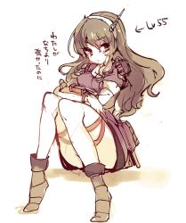 Rule 34 | 10s, 1girl, :t, ashigara (kancolle), bad id, bad pixiv id, brown eyes, brown hair, cis (carcharias), crossed arms, hairband, kantai collection, long hair, looking at viewer, pantyhose, personification, pout, sitting, skirt, solo, translation request