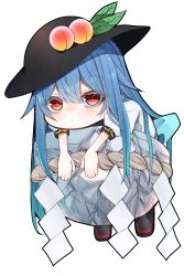 Rule 34 | 1girl, absurdres, black hat, blue hair, chibi, closed mouth, commentary request, food, fruit, full body, hair between eyes, hat, highres, hinanawi tenshi, keystone, leaf, long hair, looking at viewer, lying, on stomach, peach, puffy short sleeves, puffy sleeves, red eyes, short sleeves, simple background, touhou, tsune (tune), white background
