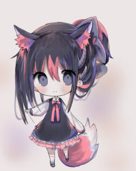Rule 34 | 1girl, animal ear fluff, animal ears, bad id, bad pixiv id, black bow, black dress, black eyes, black footwear, black hair, blush, bow, brown background, chibi, closed mouth, collared shirt, cottontailtokki, dress, fox ears, fox girl, fox tail, frilled dress, frills, full body, hair between eyes, hair bow, horns, kneehighs, long sleeves, mary janes, multicolored hair, one side up, original, puffy long sleeves, puffy sleeves, red bow, red hair, shirt, shoes, simple background, sleeveless, sleeveless dress, smile, socks, solo, standing, standing on one leg, streaked hair, tail, white shirt, white socks