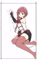 Rule 34 | 10s, 1girl, arm support, asymmetrical clothes, bare shoulders, braid, dated, gloves, hai to gensou no grimgar, jon tw, looking at viewer, red eyes, red hair, shorts, simple background, single braid, sitting, solo, thighhighs, white background, yume (grimgar)