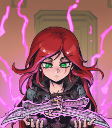 Rule 34 | 1girl, black gloves, brown jacket, dagger, fingerless gloves, gloves, green eyes, holding, holding weapon, indoors, jacket, katarina (league of legends), knife, league of legends, long hair, looking at object, looking down, magic, open clothes, open jacket, phantom ix row, red hair, scar, scar across eye, shoulder plates, solo, weapon