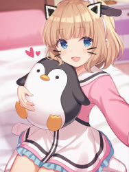 Rule 34 | 1girl, :d, animal ears, bed, bedroom, blonde hair, blue eyes, blurry, blurry background, blush, collared dress, copyright request, depth of field, hugging doll, drawer, drawn ears, drawn whiskers, dress, fake animal ears, fake whiskers, hairband, heart, highres, indie virtual youtuber, indoors, kneehighs, long sleeves, no shoes, hugging object, on bed, open mouth, pillow, pink dress, reaching, reaching towards viewer, selfie, shiratori kurumi, shiromikan, short hair, sidelocks, sitting, smile, socks, solo, stuffed animal, stuffed penguin, stuffed toy, virtual youtuber, wariza, white socks