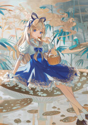 Rule 34 | 1girl, alice (alice in wonderland), alice in wonderland, basket, blue eyes, blue ribbon, blue skirt, breasts, brown footwear, commentary request, food, frilled skirt, frills, hair intakes, hair ribbon, highres, holding, holding food, light brown hair, long hair, looking at viewer, mushroom, open mouth, outdoors, puffy short sleeves, puffy sleeves, ribbon, shirt, short sleeves, sitting, skirt, small breasts, socks, solo, tree, wakuseiy, white shirt, white socks