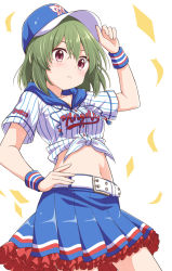 Rule 34 | adjusting clothes, adjusting headwear, arm up, baseball cap, belted skirt, blue hat, blue skirt, blush, breasts, chestnut mouth, collarbone, commentary, confetti, frills, green hair, hand on own hip, hat, hooded shirt, idolmaster, idolmaster million live!, jewelry, looking at viewer, medium breasts, midriff, nagayoshi subaru, navel, necklace, pinstripe pattern, pinstripe shirt, pleated skirt, red eyes, shirt, short hair, short sleeves, sidelocks, skirt, solo, striped, taka (suigendou), tied shirt, white background, white shirt, wristband