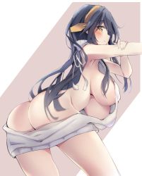 Rule 34 | 10s, 1girl, ass, backless dress, backless outfit, bad anatomy, bare arms, bare back, black hair, blush, breasts, brown eyes, butt crack, dress, covered erect nipples, halterneck, hanging breasts, harenchi, haruna (kancolle), headgear, highres, holding own arm, kantai collection, large breasts, long hair, looking back, meme attire, naked sweater, sagging breasts, sideboob, simple background, sleeveless, sleeveless turtleneck, solo, sweater, sweater dress, turtleneck, turtleneck sweater, underboob, virgin killer sweater