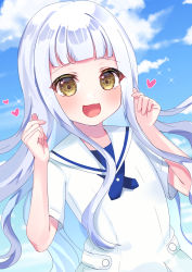 Rule 34 | 1girl, :d, alternative girls, blue sky, blush, brown eyes, character request, cloud, commentary request, day, dress, hands up, heart, highres, long hair, open mouth, outdoors, sailor collar, sailor dress, silver hair, sky, smile, solo, sparkle, suzu (minagi), upper body, very long hair, white dress, white sailor collar