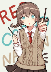 Rule 34 | 1girl, text background, bad id, bad pixiv id, braid, brown hair, brown skirt, collared shirt, fingernails, food, green eyes, grey background, hair between eyes, holding, holding food, kurata rine, looking at viewer, low twintails, necktie, original, outstretched arm, parted lips, pleated skirt, pocky, red necktie, revision, school uniform, shirt, sidelocks, skirt, solo, sweater vest, twin braids, twintails, white shirt
