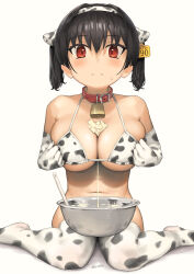 Rule 34 | 1girl, animal ears, animal print, bell, between breasts, bikini, blush, breasts, butter, closed mouth, collar, commentary request, cow ears, cow print, cow print bikini, cowbell, dated, ear tag, elbow gloves, fake animal ears, food, gaki kyonyuu, gloves, hairband, highres, kaedeko (kaedelic), large breasts, looking at viewer, navel, neck bell, oppai loli, print bikini, print gloves, print hairband, print thighhighs, red collar, red eyes, sasaki kanna (kaedeko), short hair, signature, simple background, sitting, solo, sweatdrop, swimsuit, thighhighs, twintails, white background, white bikini, white gloves, white hairband, white thighhighs