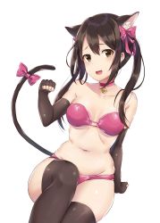 Rule 34 | 1girl, :d, animal ears, bare shoulders, bell, black gloves, black hair, black thighhighs, bow, bra, breasts, brown eyes, cat ears, cat girl, cat tail, choker, collarbone, elbow gloves, fingerless gloves, gloves, hair bow, highres, idolmaster, idolmaster cinderella girls, jingle bell, kemonomimi mode, long hair, looking at viewer, medium breasts, nakano yuka, navel, open mouth, panties, pink bow, pink bra, pink choker, pink panties, sidelocks, simple background, smile, solo, stomach, tail, tail bow, tail ornament, thighhighs, thighs, twintails, underwear, white background, zhi zhi/zu zu