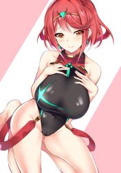 Rule 34 | 1girl, blush, breasts, competition swimsuit, covered navel, daive, earrings, gem, headpiece, highres, jewelry, large breasts, looking at viewer, nintendo, one-piece swimsuit, pyra (pro swimmer) (xenoblade), pyra (xenoblade), red hair, short hair, simple background, solo, swept bangs, swimsuit, tiara, xenoblade chronicles (series), xenoblade chronicles 2, yellow eyes
