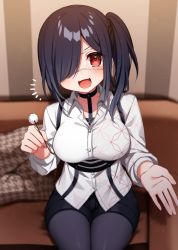 Rule 34 | 1girl, :d, black choker, black hair, black pantyhose, black shorts, blush, breasts, choker, collarbone, collared shirt, commission, copyright request, couch, dress shirt, eyepatch, hair over one eye, hand up, hazakura chikori, highres, holding, houndstooth, pantyhose under shorts, long hair, long sleeves, looking at viewer, medium breasts, mimikaki, notice lines, on couch, open mouth, pantyhose, pillow, red eyes, shirt, short shorts, shorts, side ponytail, sitting, smile, solo, white shirt