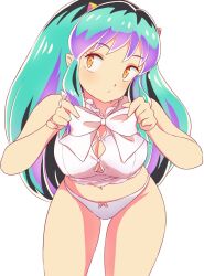 Rule 34 | 1girl, bow, bow panties, bowtie, breasts, closed mouth, commentary, cone horns, cowboy shot, cropped shirt, frown, green hair, head tilt, horns, komatsu (sakanae), large breasts, leaning forward, long hair, looking at viewer, lum, navel, no pants, panties, pointy ears, shirt, simple background, sleeveless, sleeveless shirt, solo, standing, takahashi rumiko (style), tying bowtie, underwear, urusei yatsura, white background, white bow, white bowtie, white panties, white shirt, yellow eyes