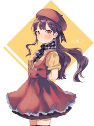 Rule 34 | 1girl, arms behind back, beret, black necktie, black ribbon, black thighhighs, blush, brown eyes, checkered clothes, checkered necktie, checkered neckwear, cowboy shot, dress, frilled dress, frills, from side, hair ornament, hairclip, hanako151, hat, layered dress, long hair, looking at viewer, looking to the side, neckerchief, necktie, pinafore dress, pleated dress, red dress, red hat, ribbon, shirt, short sleeves, sleeveless, sleeveless dress, solo, thighhighs, two-tone neckerchief, very long hair, vocaloid, white background, xin hua, yellow shirt