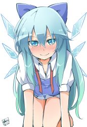 Rule 34 | 1girl, aged up, all fours, alternate hair length, alternate hairstyle, blue eyes, blue hair, blush, bow, breasts, cirno, cleavage, female focus, full-face blush, hair between eyes, hair bow, hanging breasts, ice, ice wings, large breasts, long hair, looking at viewer, matching hair/eyes, neck ribbon, simple background, smile, solo, sweat, touhou, tsurime, undone neck ribbon, very long hair, white background, wings, yutamaro