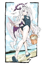 Rule 34 | 1girl, beach, halo, highres, looking at viewer, nobita (makoto7060355), one-piece swimsuit, purple eyes, solo, swimsuit, walking, white hair