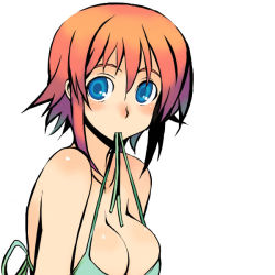 Rule 34 | 1girl, bikini, bikini in mouth, blue eyes, breasts, cleavage, clothes in mouth, kusanagi tonbo, mouth hold, original, red hair, solo, swimsuit