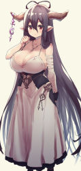 Rule 34 | 1girl, bandaged arm, bandages, bare shoulders, black gloves, black hair, black ribbon, blush, breasts, cleavage, collarbone, commentary request, corset, crescent, danua, draph, dress, feet out of frame, fingerless gloves, gloves, granblue fantasy, hair between eyes, hair ribbon, hand up, highres, horn ornament, horns, large breasts, long hair, looking at viewer, parted lips, pointy ears, red eyes, ribbon, shiroie mika, sidelocks, single glove, sleeveless, sleeveless dress, smile, solo, standing, straight hair, very long hair, white dress