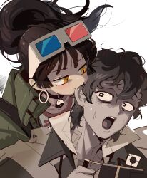 Rule 34 | 1boy, 1girl, 3d glasses, absurdres, an-an lee, bags under eyes, biting, black choker, black hair, blush, camera, choker, click (reverse:1999), coat, ear biting, earrings, eyewear on head, floating hair, ghost, green coat, highres, holding, holding camera, jewelry, korean commentary, open mouth, ponytail, reverse:1999, surprised, sweat, transparent, wwwww, yellow eyes, yin yang