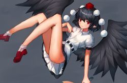 Rule 34 | 1girl, ass, bird wings, black hair, black skirt, black wings, blush, breasts, closed mouth, eyebrows hidden by hair, feathered wings, full body, grey background, hair between eyes, hand fan, hat, hauchiwa, highres, holding, holding fan, leste (humansequencer), looking at viewer, no panties, petticoat, pleated skirt, pointy ears, pom pom (clothes), puffy short sleeves, puffy sleeves, red eyes, red footwear, red hat, shameimaru aya, shirt, short hair, short sleeves, simple background, skirt, small breasts, smile, solo, tokin hat, touhou, white shirt, wings