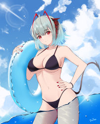Rule 34 | 1girl, air bubble, antenna hair, aqua hair, arknights, armpits, bikini, black bikini, blue sky, blush, bracelet, breasts, bubble, cleavage, cloud, collarbone, day, dutou, glint, hand on own hip, hand up, highres, holding, horns, innertube, jewelry, large breasts, looking at viewer, multicolored hair, nail polish, navel, outdoors, parted lips, partially submerged, red eyes, red hair, red nails, short hair, silver hair, skindentation, sky, smile, solo, stomach, streaked hair, string bikini, swim ring, swimsuit, tail, thighs, underboob, w (arknights), wading