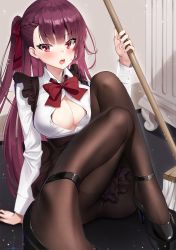 Rule 34 | 1girl, ankkoyom, ass, bad id, bad pixiv id, black footwear, black pantyhose, blouse, blush, bow, bowtie, braid, breasts, broom, cleavage, girls&#039; frontline, high heels, highres, long hair, looking at viewer, open clothes, open mouth, open shirt, pantyhose, purple eyes, purple hair, red bow, red bowtie, shirt, side ponytail, sitting, solo, teeth, wa2000 (girls&#039; frontline)