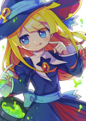 Rule 34 | 1girl, absurdres, blonde hair, blue eyes, blue hat, blush, cauldron, closed mouth, hat, highres, long hair, long sleeves, looking at viewer, offbeat, pointing, pointing at self, puyopuyo, solo, test tube, tongue, tongue out, witch (puyopuyo), witch hat