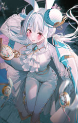 Rule 34 | 1girl, animal ears, arm up, blue headwear, blush, bodysuit, commentary request, feet out of frame, gloves, grimlight, hair intakes, highres, kinty, long hair, long sleeves, looking at viewer, low twintails, open mouth, pocket watch, rabbit ears, red eyes, roman numeral, russian commentary, solo, standing, standing on one leg, tilted headwear, twintails, watch, white bodysuit, white gloves, white hair