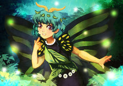 Rule 34 | 1girl, antennae, aqua hair, bad anatomy, bad arm, brown eyes, butterfly wings, dress, eternity larva, fairy, green dress, insect wings, k-ailisi, leaf, leaf on head, multicolored clothes, multicolored dress, open mouth, short hair, short sleeves, smile, solo, touhou, upper body, wings
