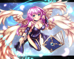 Rule 34 | 1girl, angel wings, archangel metatron (p&amp;d), bare shoulders, black dress, blue eyes, blush, book, breasts, cleavage, dress, feathered wings, fuyuki8208, holding, leaning, leaning forward, long hair, magic circle, multiple wings, pen, petals, pink hair, puzzle &amp; dragons, smile, solo, wings