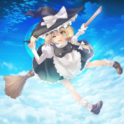 Rule 34 | 1girl, ;d, apron, bad id, bad pixiv id, blonde hair, braid, broom, cloud, flying, full body, full moon, hand on headwear, hat, juliet sleeves, kirisame marisa, loafers, long hair, long sleeves, looking at viewer, maki (seventh heaven maxion), moon, one eye closed, open mouth, puffy sleeves, shoes, single braid, sky, smile, socks, solo, touhou, white socks, witch hat, yellow eyes