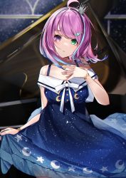 Rule 34 | 1girl, ahoge, bare shoulders, blue dress, blurry, blurry background, bracelet, candy hair ornament, cowboy shot, crown, dress, food-themed hair ornament, gradient hair, green eyes, hair ornament, hairpin, heterochromia, highres, himemori luna, himemori luna (sundress), hololive, instrument, jewelry, looking at viewer, lumium, medium hair, mini crown, multicolored hair, necklace, night, night sky, off-shoulder dress, off shoulder, official alternate costume, open mouth, piano, pink hair, print dress, purple eyes, sky, solo, standing, star (sky), starry sky, starry sky print, virtual youtuber, window