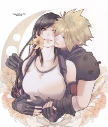 Rule 34 | 1boy, 1girl, armor, bare shoulders, black gloves, black hair, blonde hair, breasts, character name, cheek-to-cheek, closed mouth, cloud strife, collarbone, commentary request, couple, crescent moon, crop top, dated, elbow gloves, final fantasy, final fantasy vii, final fantasy vii rebirth, final fantasy vii remake, fingerless gloves, flower, gloves, happy birthday, heads together, highres, holding, holding flower, hug, hug from behind, large breasts, lips, long hair, looking at another, mixmomo yah, moon, pink lips, red eyes, shoulder armor, sleeveless, sleeveless turtleneck, smile, spiked hair, suspenders, sweater, swept bangs, tank top, tifa lockhart, turtleneck, turtleneck sweater, upper body, white tank top