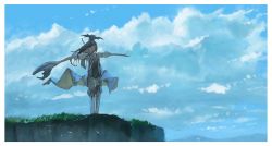 Rule 34 | 1girl, :d, bad id, bad twitter id, black hair, blue sky, boots, cliff, day, dragon, closed eyes, floating hair, grass, holding, knee boots, long hair, negative space, open mouth, original, outdoors, outstretched arms, reido (reido c), scenery, sky, smile, solo, spread arms, standing, waist cape, white footwear